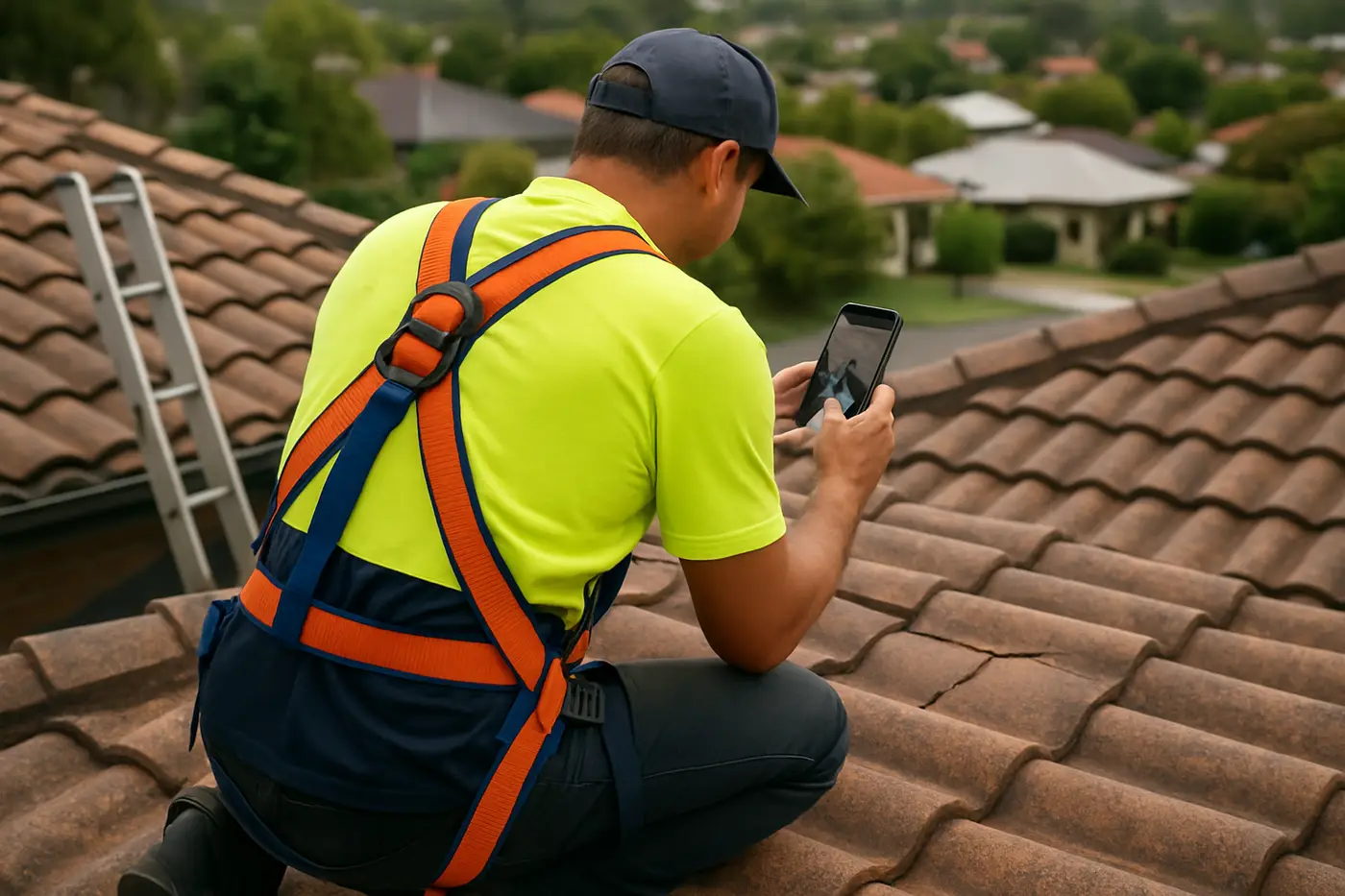 Free roof inspections with photo reports Roofer photographing a cracked tile during a roof inspection in Brisbane