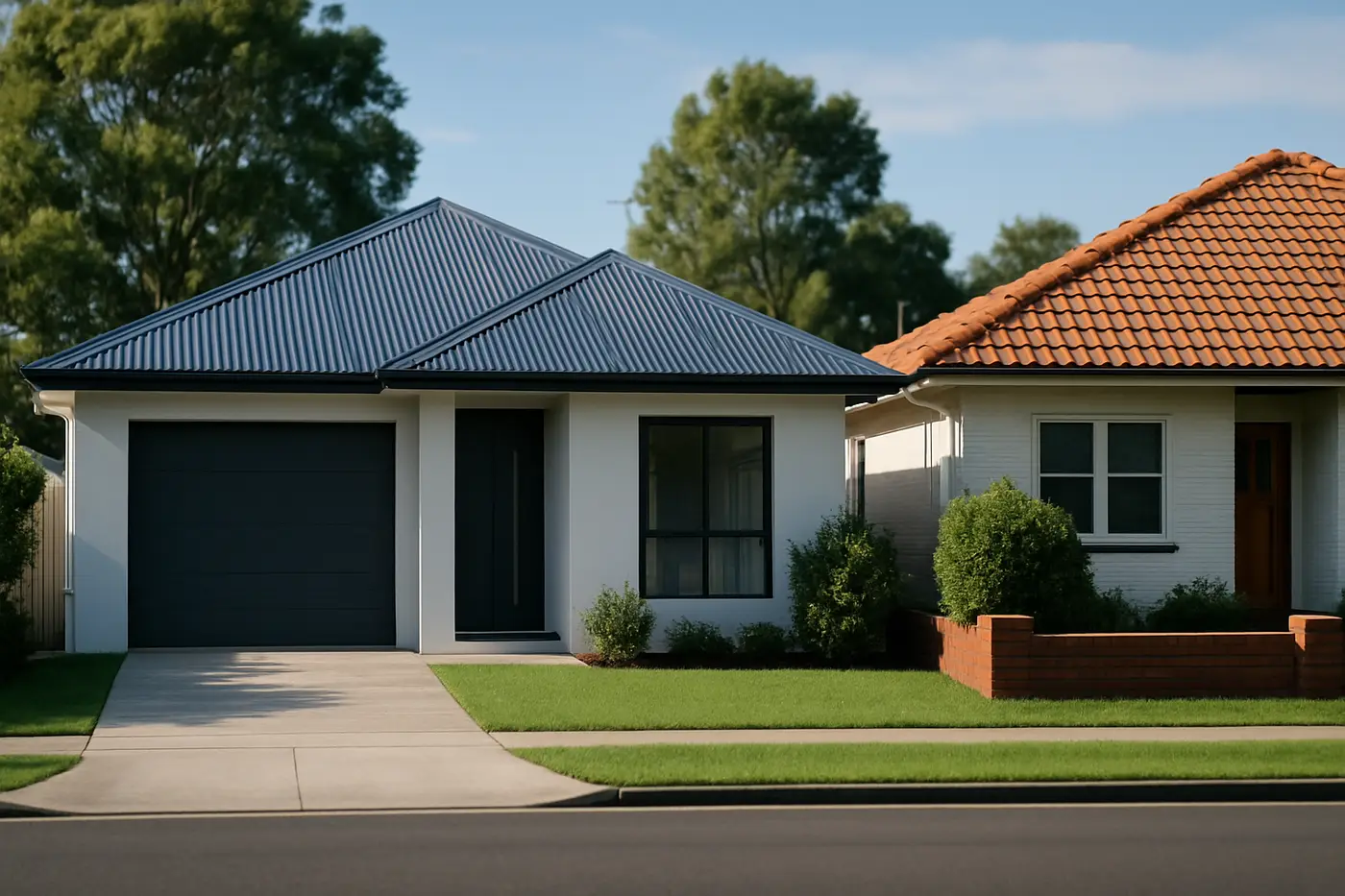 Modern Colorbond roofed home beside a traditional terracotta tile roof
