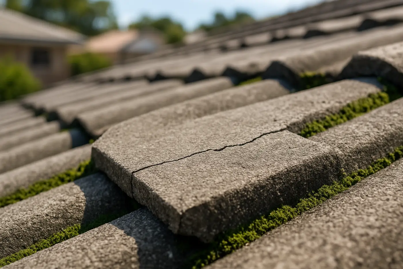 Concrete roof tile with a hairline crack and chipped corner