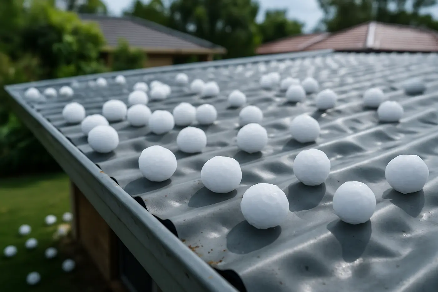 Large hailstones scattered across a dented metal roof and gutter