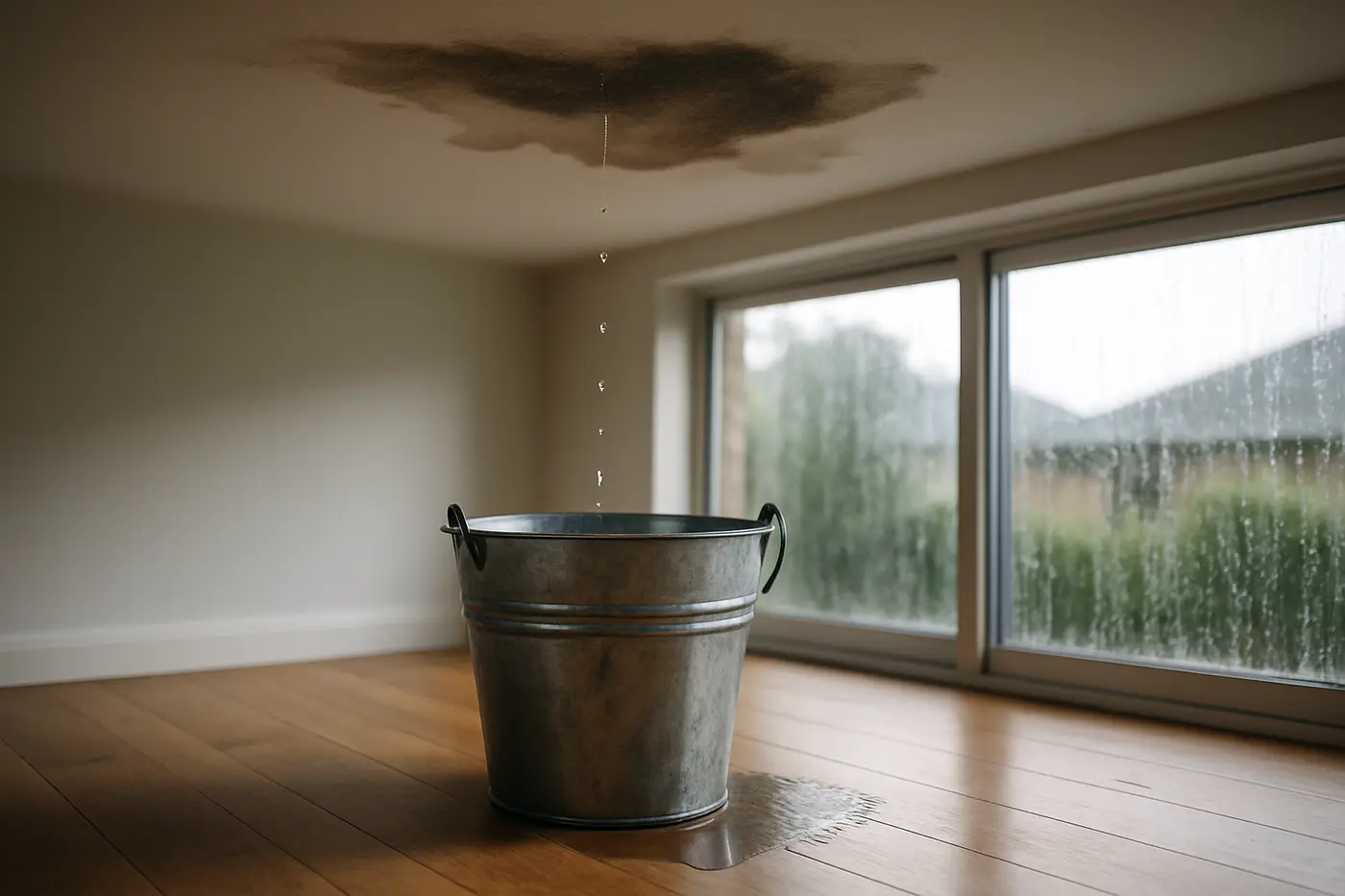 Bucket catching drips under a spreading ceiling water stain during rain