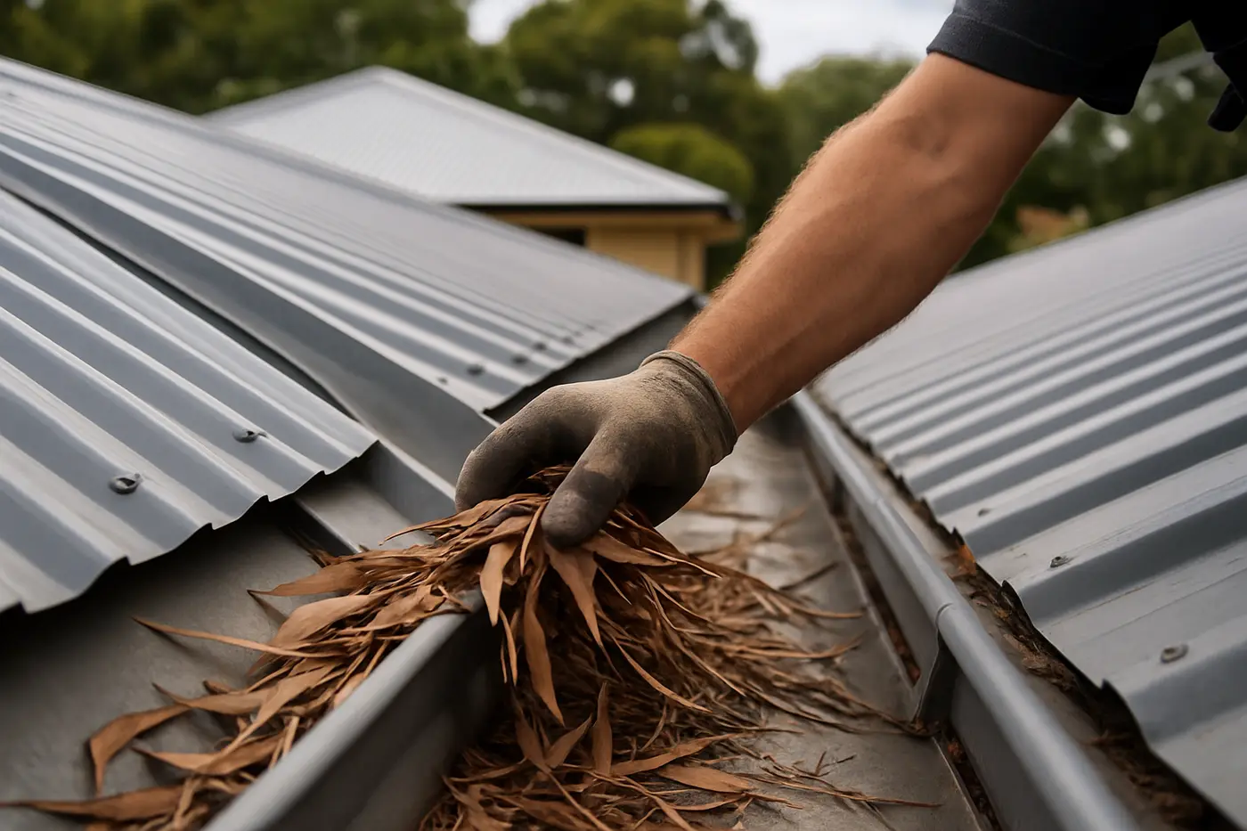 Hand clearing gum leaves from a metal roof valley and gutter