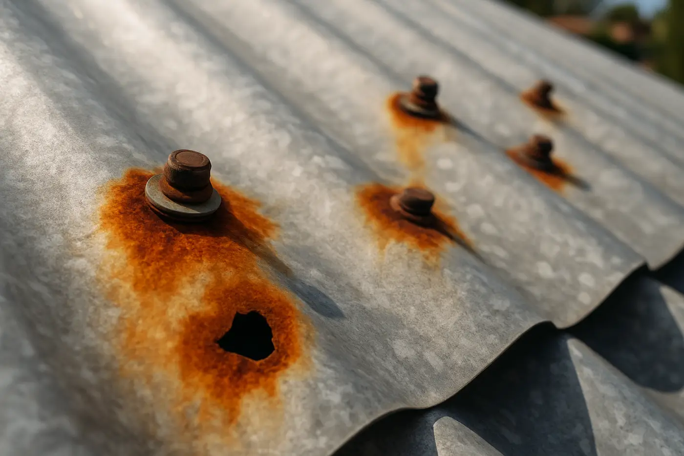 Surface rust around old screws on a corrugated iron roof sheet