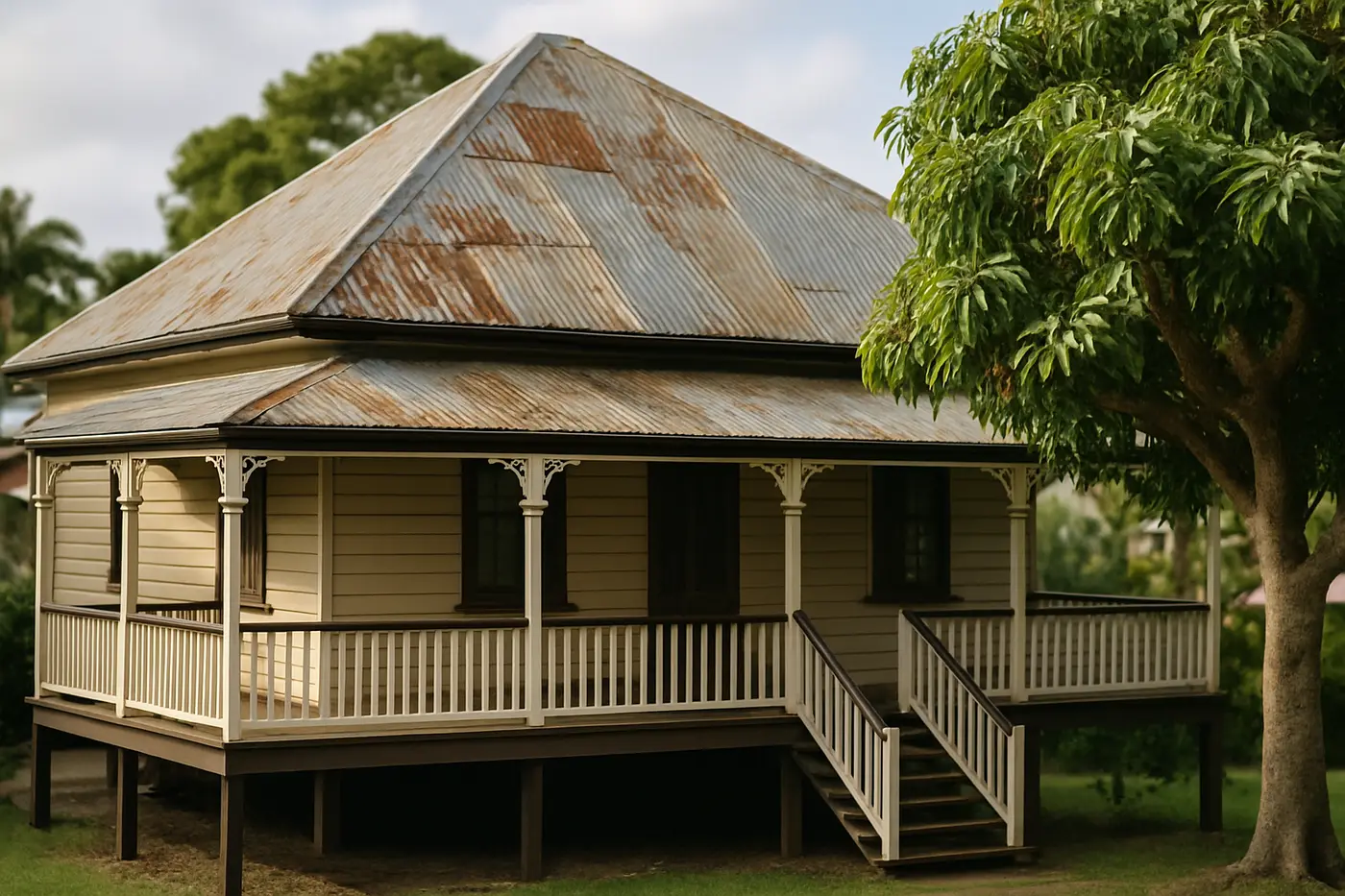 Elevated Queenslander home with steep corrugated iron roof and verandah