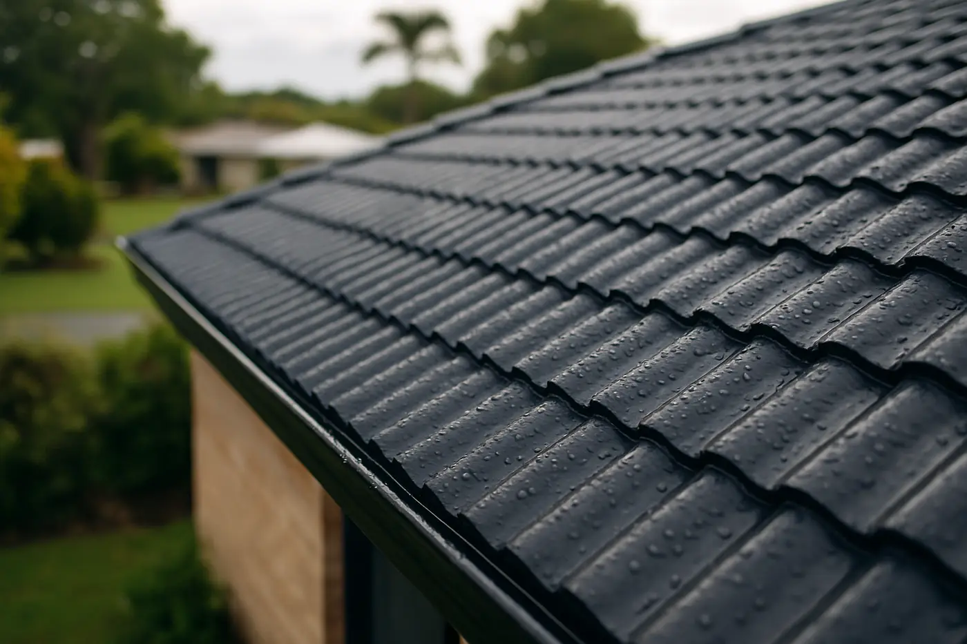 Freshly restored coated tile roof beading rain on the new membrane