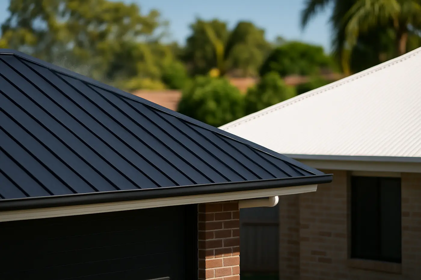 Dark charcoal roof beside a pale light-coloured roof in summer heat