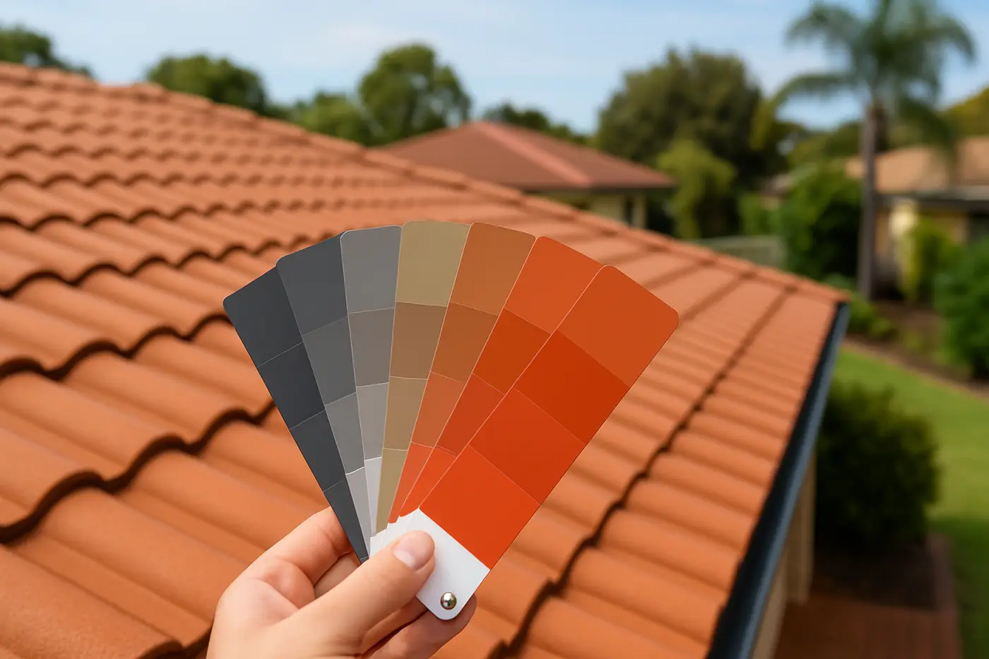 Roof coating colour swatches held above a cleaned tile roof