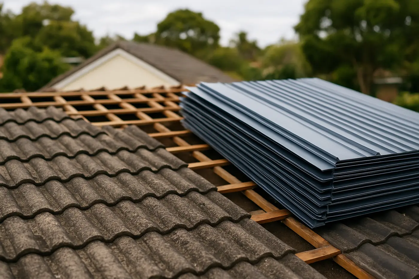 Old tile roof half stripped with new Colorbond sheets stacked ready