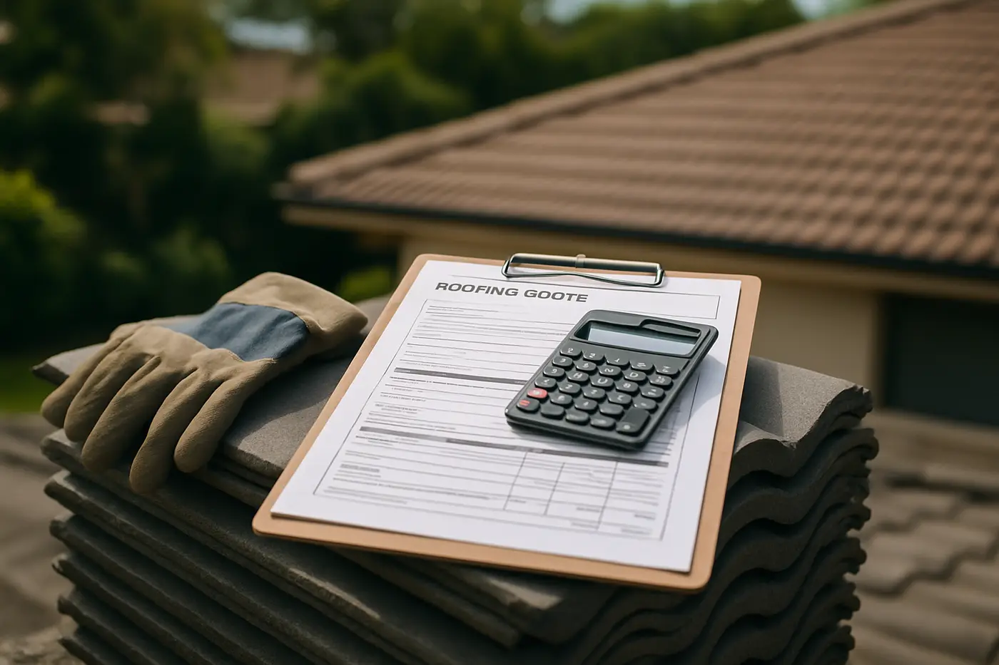 Roofing quote and calculator on stacked roof tiles