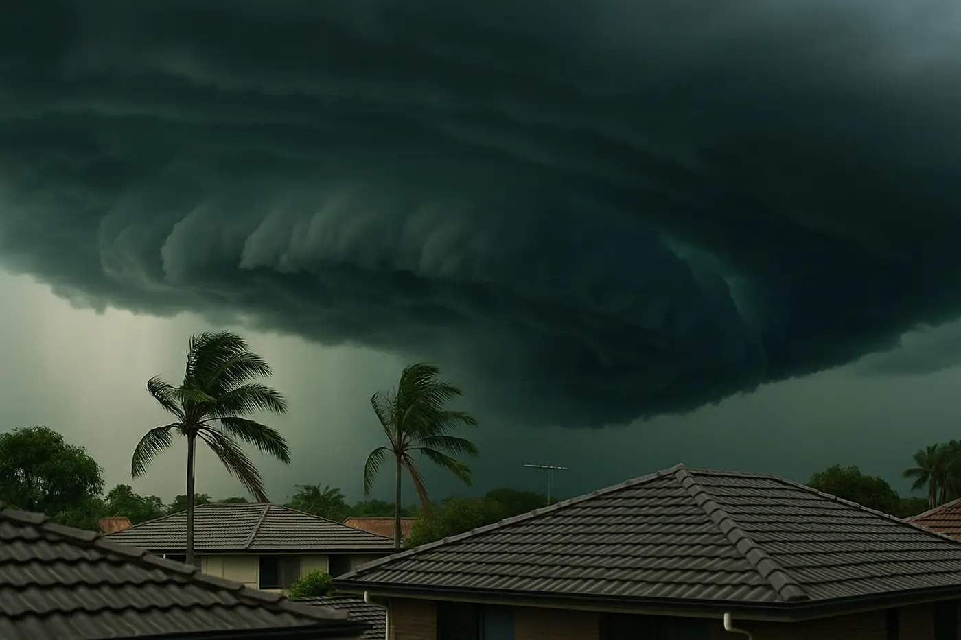 Summer storm front rolling over Brisbane suburban rooftops