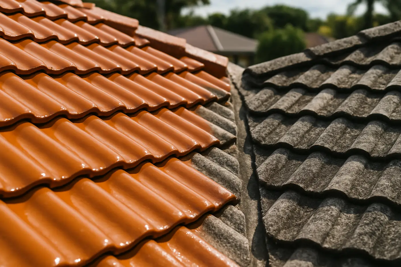 Glazed terracotta tiles next to weathered concrete roof tiles