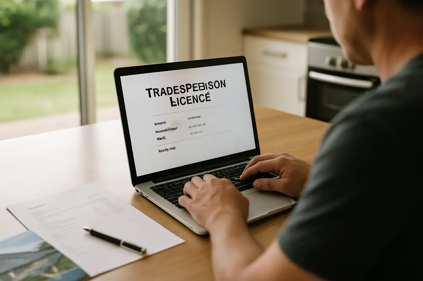 Homeowner checking a roofer's licence online beside a printed quote