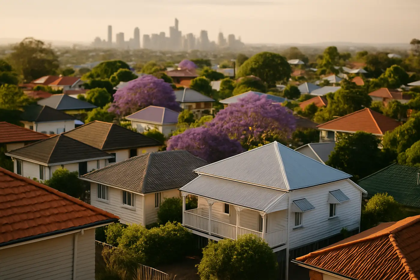 Roof repairs across Brisbane suburbs Brisbane suburban rooftops at golden hour with tile and metal roofs