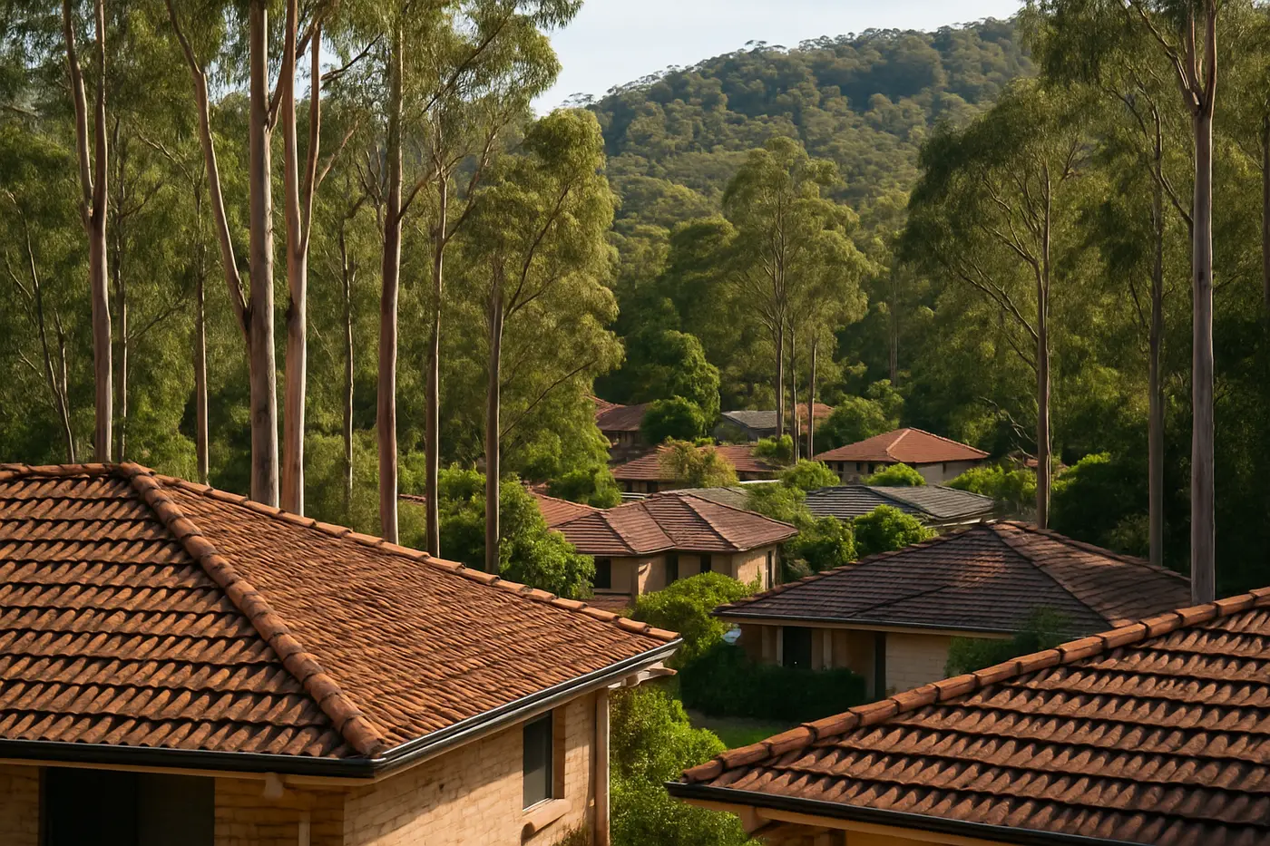 Roof repairs Brisbane West Leafy western Brisbane homes with tile roofs under eucalyptus trees