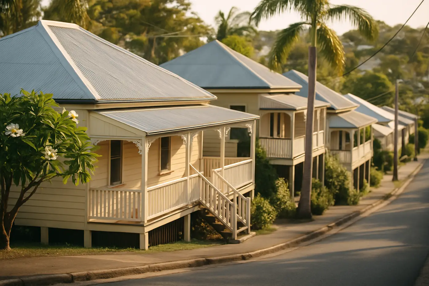 Roof repairs Inner Brisbane Character Queenslander homes with corrugated iron roofs on an inner Brisbane street