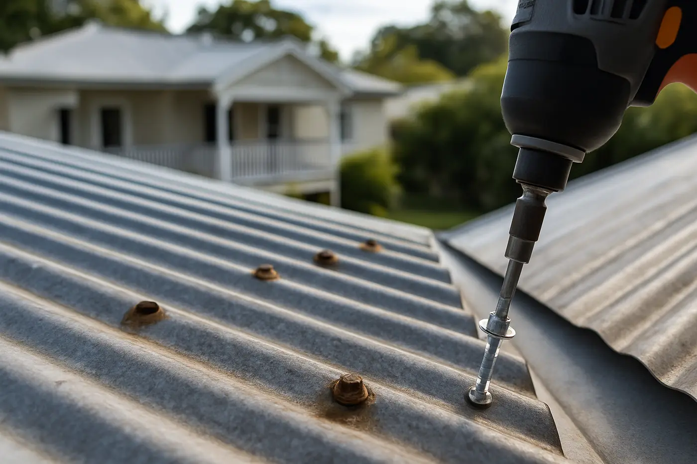 Metal and Colorbond roof repairs Brisbane Rusted roofing screws being replaced on a corrugated metal Queenslander roof