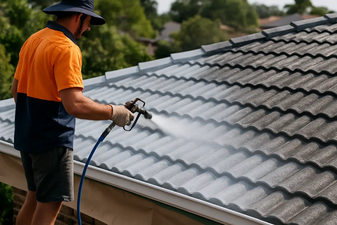 Roof painting Brisbane Spray applying heat-reflective membrane coating to a cleaned tile roof