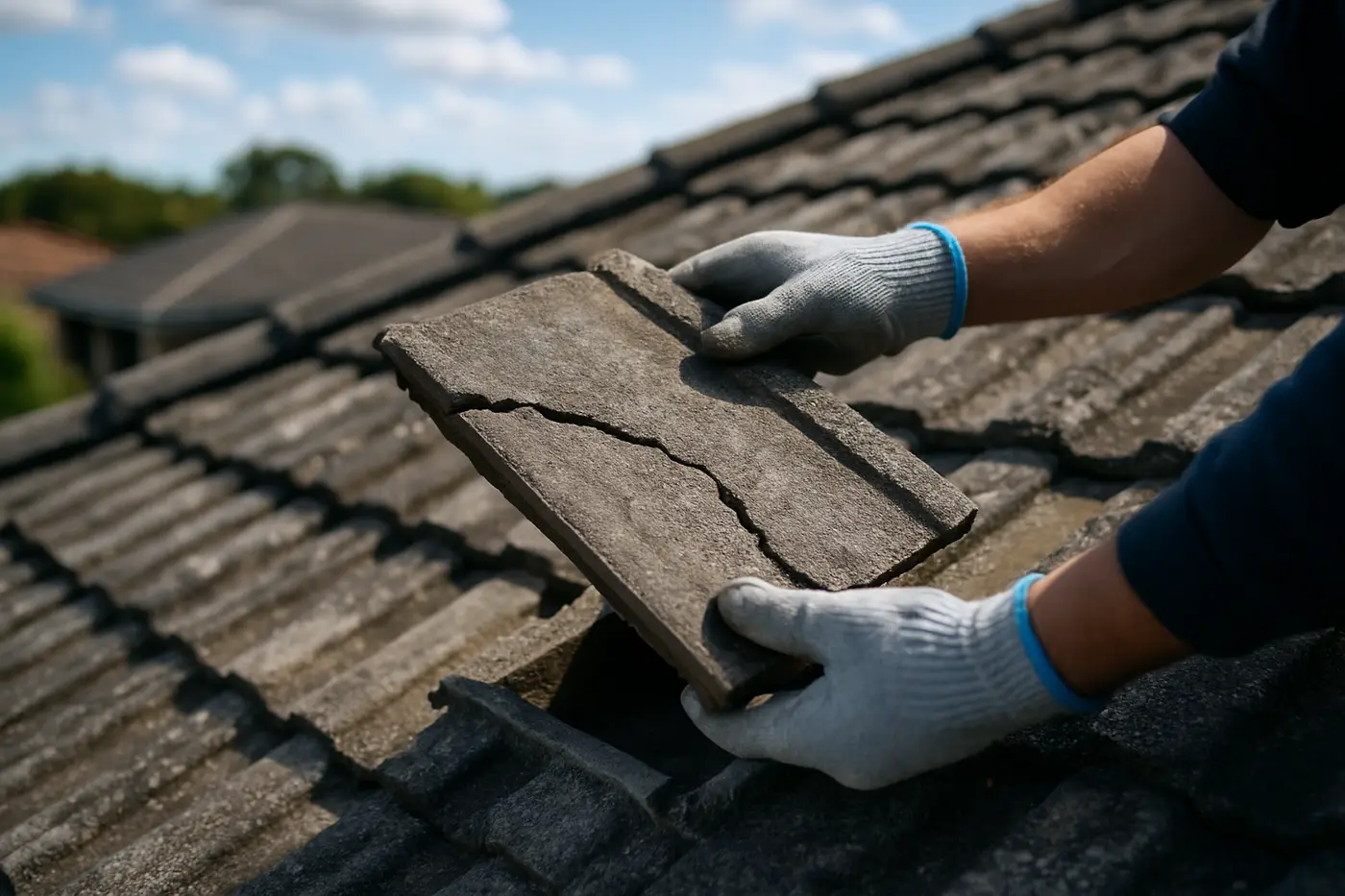 Roof repairs Brisbane Roofer replacing a cracked concrete roof tile on a Brisbane home