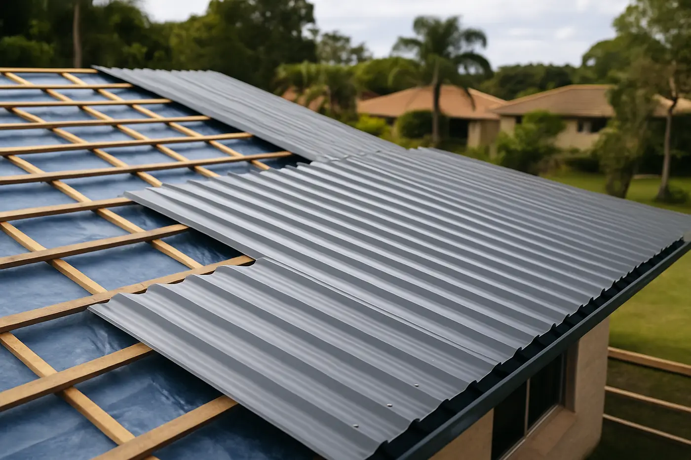 Roof replacement Brisbane New Colorbond roof sheets being installed over fresh sarking and battens