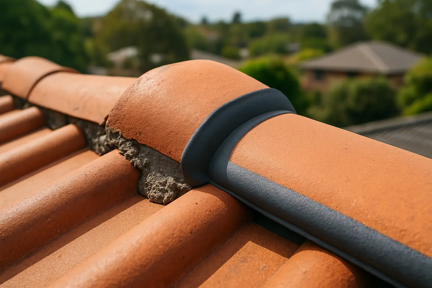 Roof repointing and rebedding Brisbane Ridge capping being repointed with flexible pointing beside crumbling old mortar