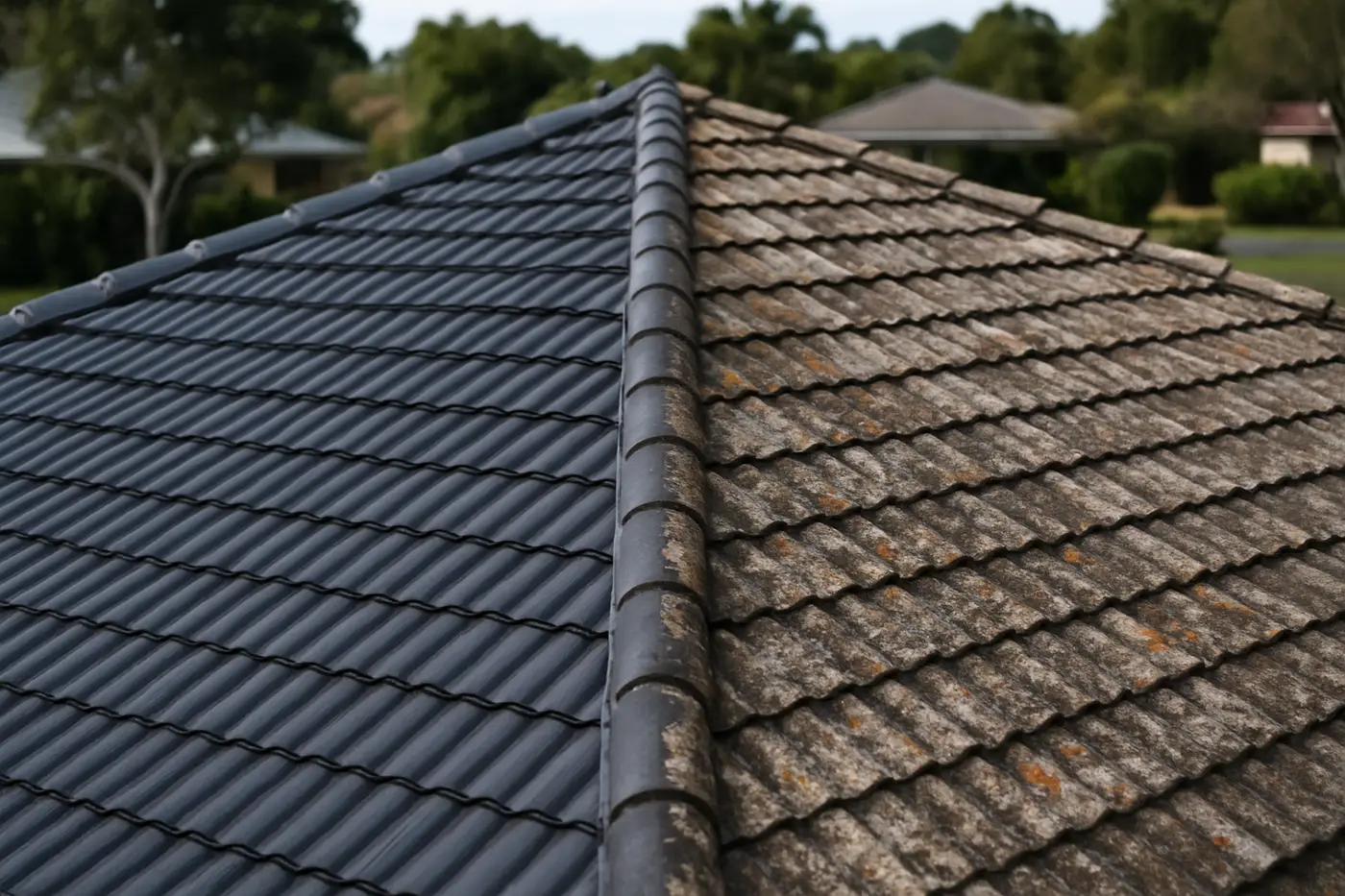 Roof restoration Brisbane Tile roof half restored with fresh membrane coating next to the faded original side