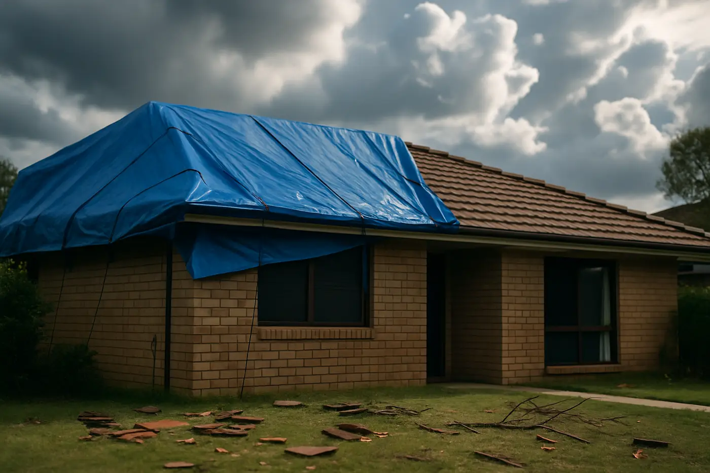 Storm damage roof repairs Brisbane Brisbane roof tarped with a heavy-duty tarpaulin after storm damage