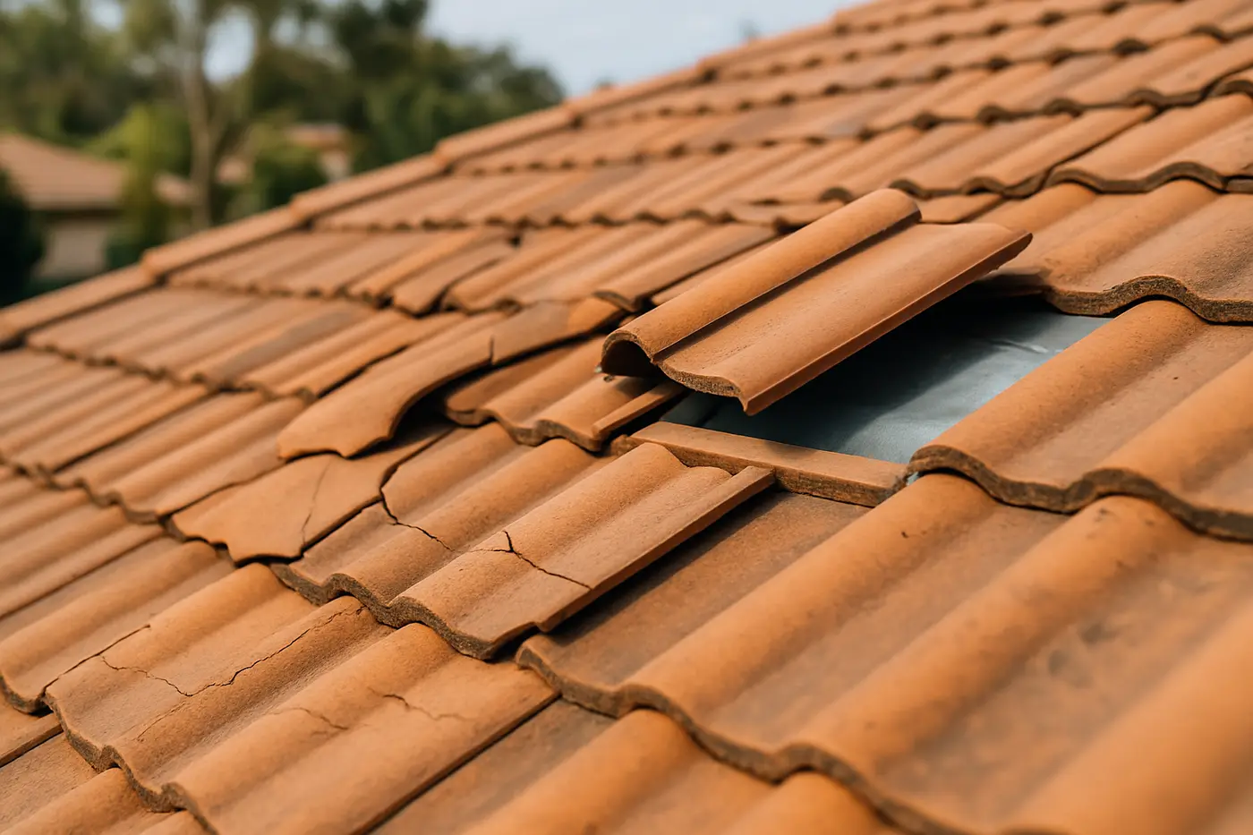 Tile roof repairs Brisbane Cracked and slipped terracotta roof tiles lifted to show the sarking underneath